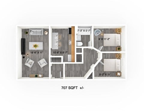 Floor plan for 2 beds, 1 bath, 710 sqft